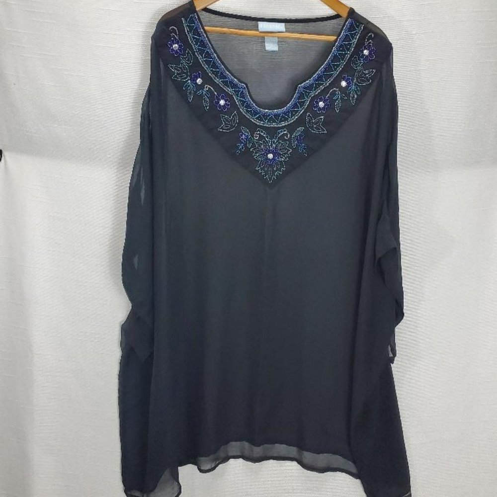 Liz & Me Tunic Top Womens 5x (34/36W) Black Sheer Embellished Short Sleeve Layer